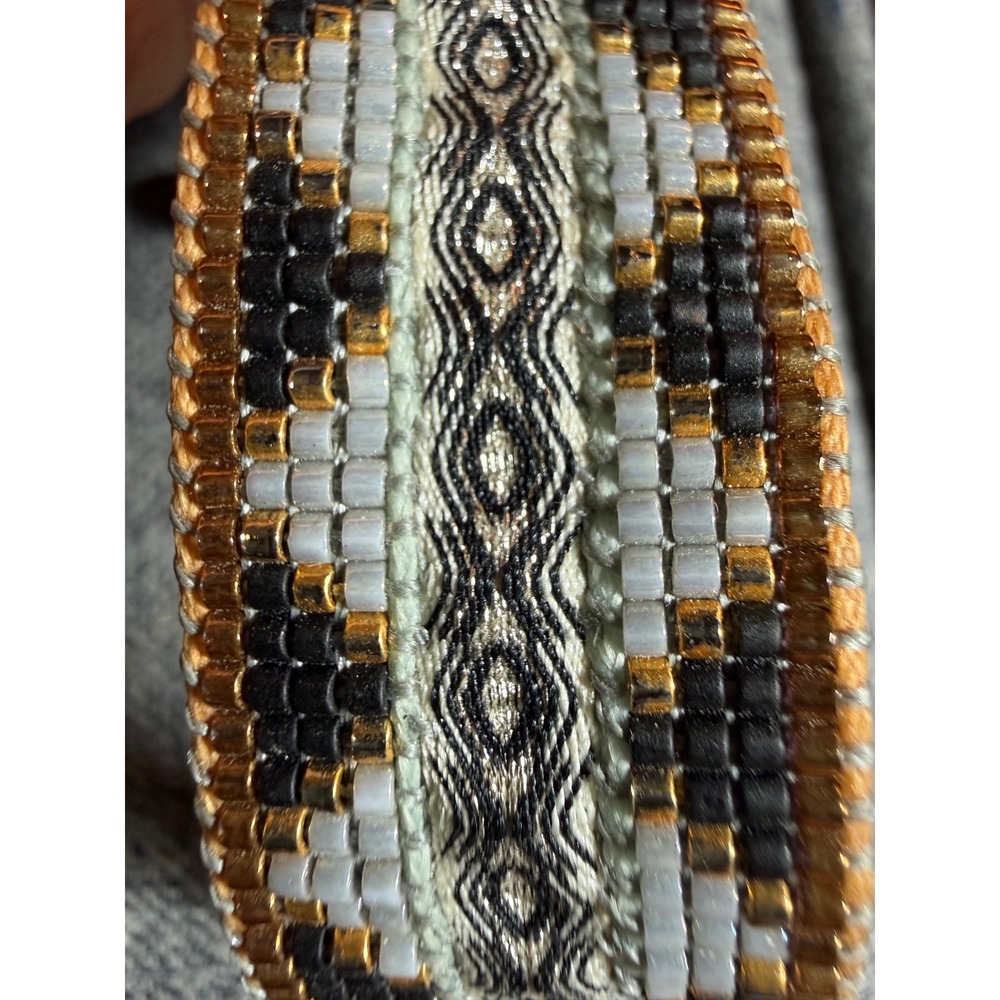 Mishky Woven Beaded Bracelet Gold Black White Adjustable Boho Artisan‎ - Picture 2 of 6